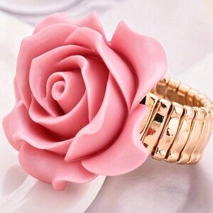 Pink shiny resin Rose stretch band Statement Ring with Gold Band